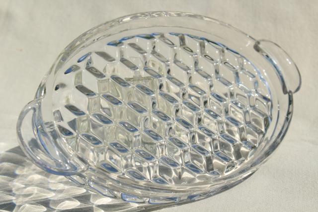 photo of vintage Fostoria American cube pattern glass trays, condiment tray & large oval platter #4