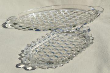 catalog photo of vintage Fostoria American cube pattern glass trays, condiment tray & large oval platter