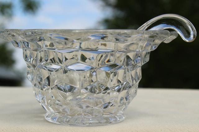 photo of vintage Fostoria American cube pattern mayonnaise bowl & glass sauce ladle mayo spoon #1