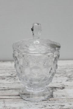 catalog photo of vintage Fostoria American glass mustard pot, tiny condiment jar w/ notched lid for spoon