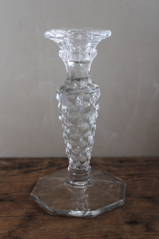 photo of vintage Fostoria American pattern glass candlestick, octagon base single candle holder #1