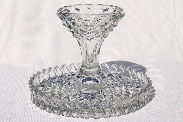 photo of vintage Fostoria American round cake stand w/ brandy well, crystal clear glass #8