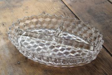 catalog photo of vintage Fostoria American three part divided bowl or relish dish, crystal clear pressed glass