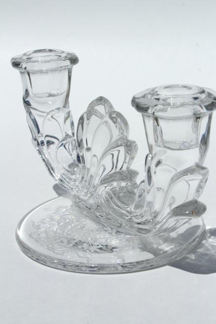 photo of vintage Fostoria Baroque candle holders, pair branched candlesticks Corsage etched glass #8