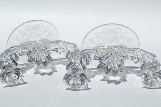 photo of vintage Fostoria Baroque candle holders, pair branched candlesticks Corsage etched glass #10