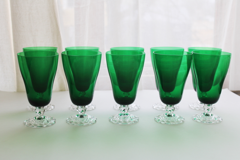 photo of vintage Fostoria Colonial Dame pattern iced tea glasses, tall footed tumblers green glass w/ crystal clear  #1