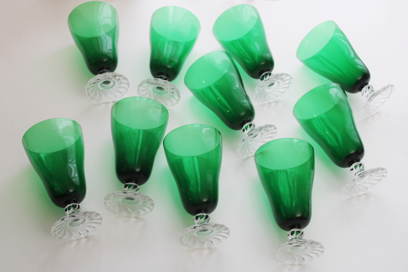 photo of vintage Fostoria Colonial Dame pattern iced tea glasses, tall footed tumblers green glass w/ crystal clear  #6