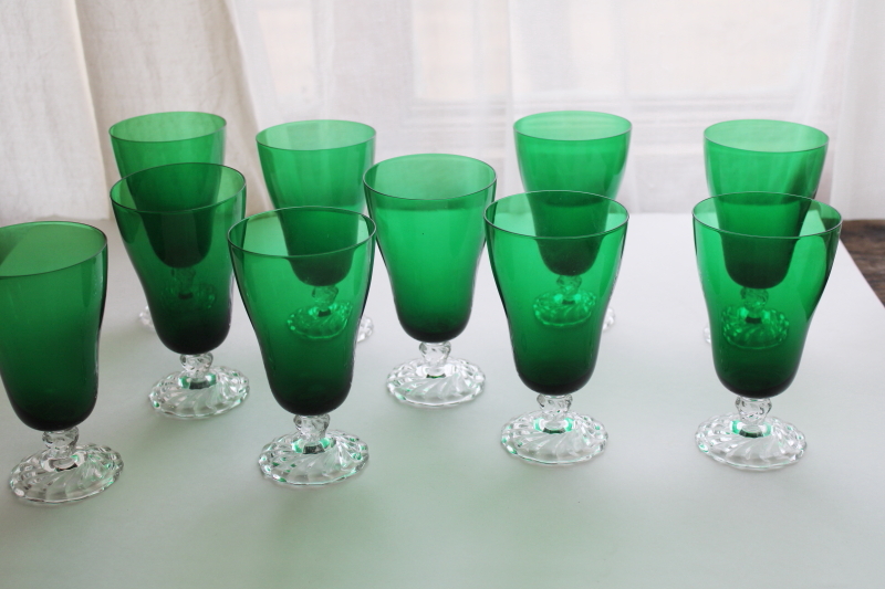 photo of vintage Fostoria Colonial Dame pattern iced tea glasses, tall footed tumblers green glass w/ crystal clear  #8