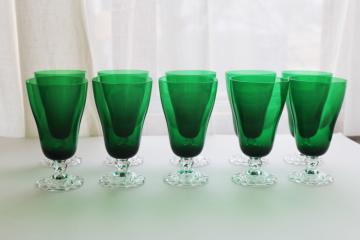 catalog photo of vintage Fostoria Colonial Dame pattern iced tea glasses, tall footed tumblers green glass w/ crystal clear 