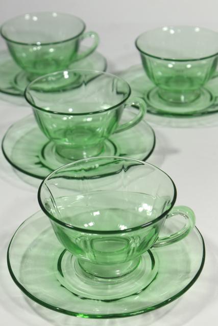 photo of vintage Fostoria Fairfax green glass tea cups & saucers, elegant depression glass #1