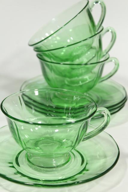 photo of vintage Fostoria Fairfax green glass tea cups & saucers, elegant depression glass #3