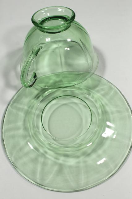 photo of vintage Fostoria Fairfax green glass tea cups & saucers, elegant depression glass #6
