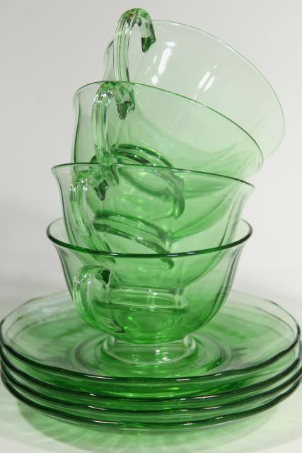 photo of vintage Fostoria Fairfax green glass tea cups & saucers, elegant depression glass #7