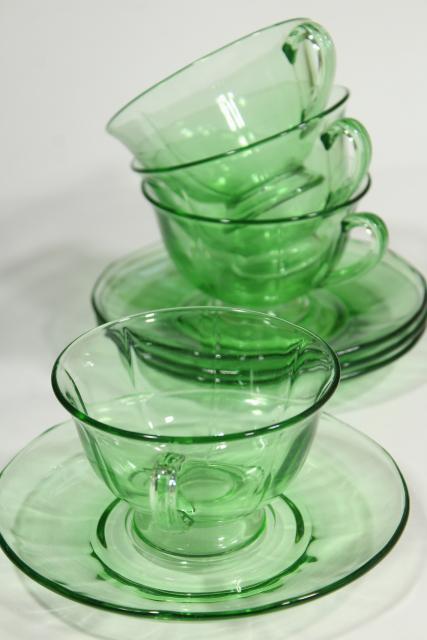photo of vintage Fostoria Fairfax green glass tea cups & saucers, elegant depression glass #8