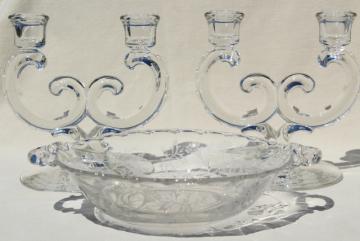 catalog photo of vintage Fostoria Heather etched glass console bowl & pair branched candlesticks