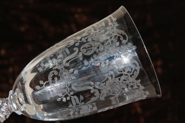 photo of vintage Fostoria Meadow Rose etched glass tumblers, set of 6 footed glasses #6