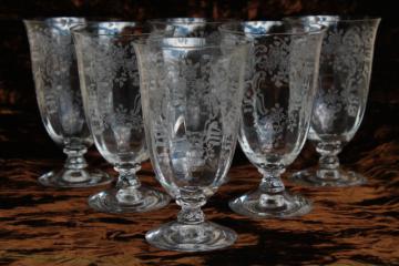 catalog photo of vintage Fostoria Meadow Rose etched glass tumblers, set of 6 footed glasses