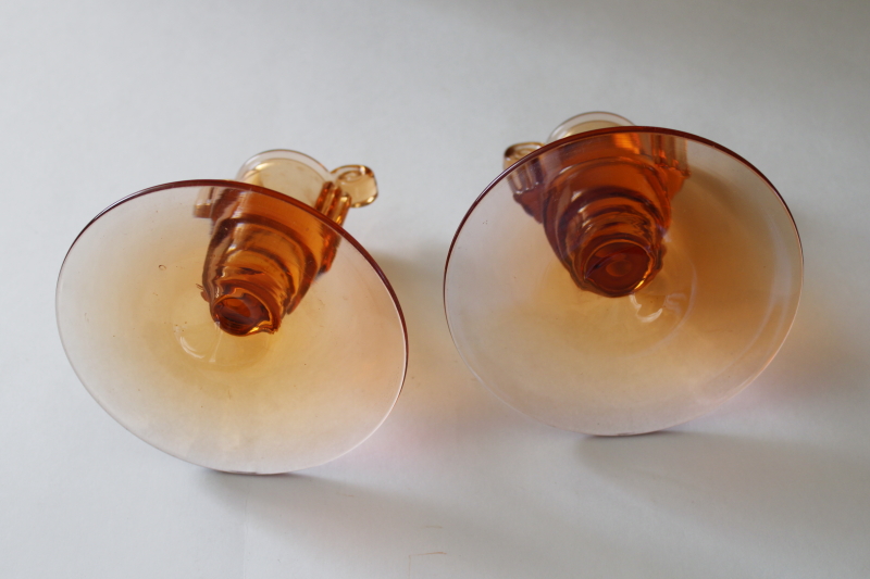 photo of vintage Fostoria amber glass candle holders, pair of single candle sticks scroll pattern  #3