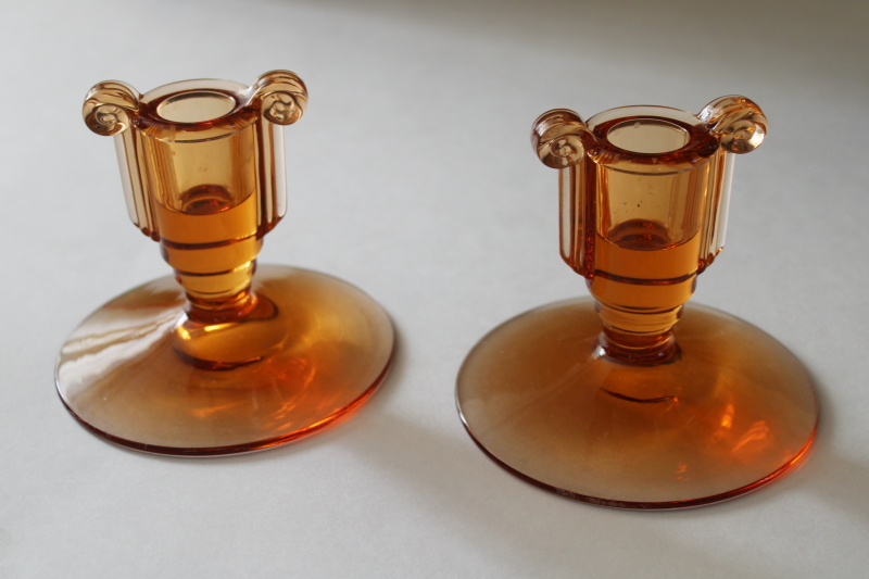 photo of vintage Fostoria amber glass candle holders, pair of single candle sticks scroll pattern  #4