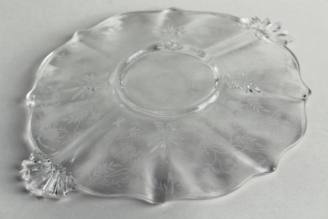 photo of vintage Fostoria baroque chintz etching crystal clear glass cake plate w/ handles #8