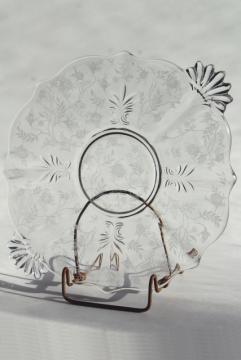 catalog photo of vintage Fostoria baroque chintz etching crystal clear glass cake plate w/ handles