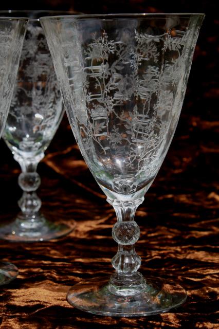 photo of vintage Fostoria chintz floral etch glass, low stem goblet water glasses #2