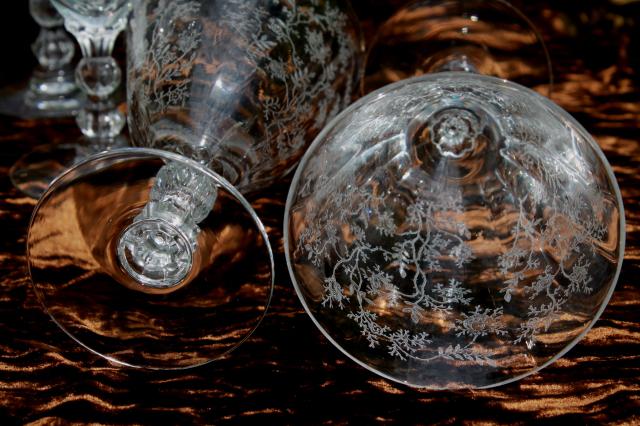 photo of vintage Fostoria chintz floral etch glass, low stem goblet water glasses #4