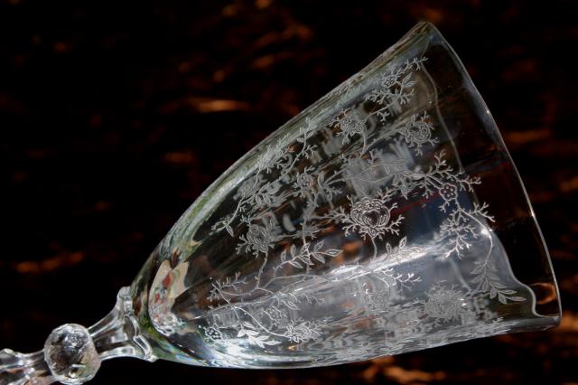 photo of vintage Fostoria chintz floral etch glass, low stem goblet water glasses #5