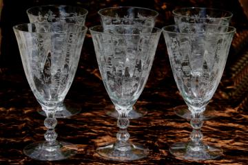 catalog photo of vintage Fostoria chintz floral etch glass, low stem goblet water glasses