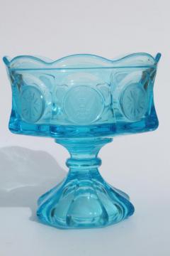 catalog photo of vintage Fostoria coin glass blue compote or wedding bowl candy dish (no lid)