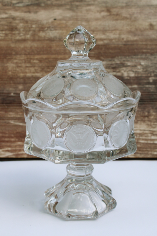 photo of vintage Fostoria coin glass candy dish w/ lid, crystal clear glass frosted coin pattern  #1
