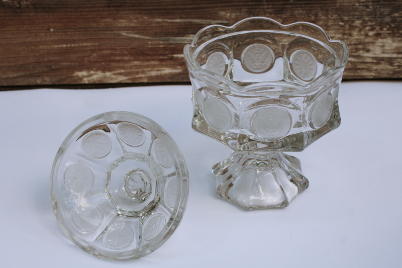 photo of vintage Fostoria coin glass candy dish w/ lid, crystal clear glass frosted coin pattern  #4