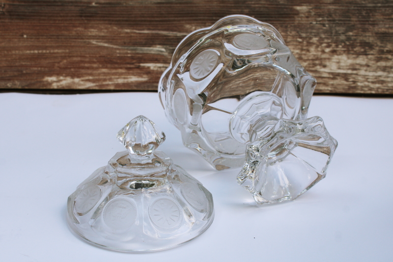 photo of vintage Fostoria coin glass candy dish w/ lid, crystal clear glass frosted coin pattern  #6