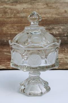 catalog photo of vintage Fostoria coin glass candy dish w/ lid, crystal clear glass frosted coin pattern 