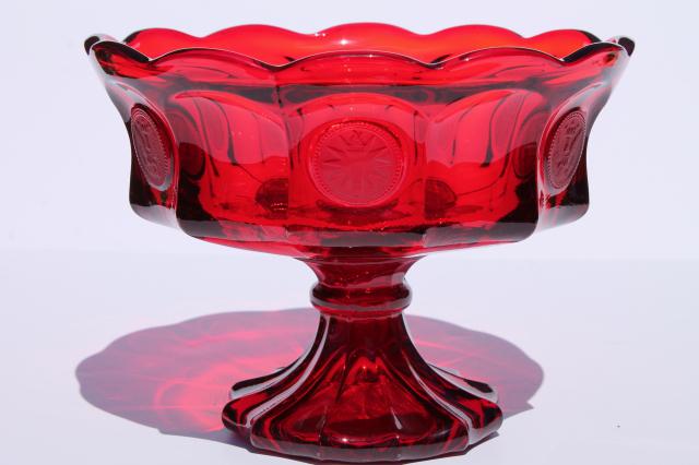 photo of vintage Fostoria coin glass compote dish in ruby red, large pedestal bowl #1