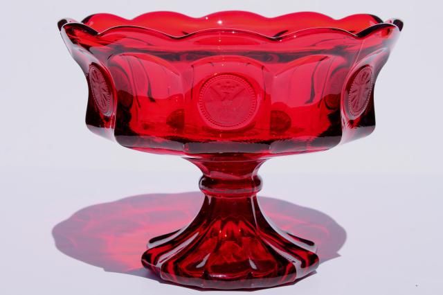 photo of vintage Fostoria coin glass compote dish in ruby red, large pedestal bowl #2