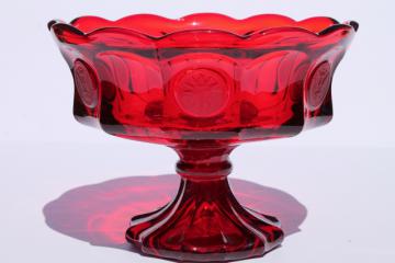 catalog photo of vintage Fostoria coin glass compote dish in ruby red, large pedestal bowl