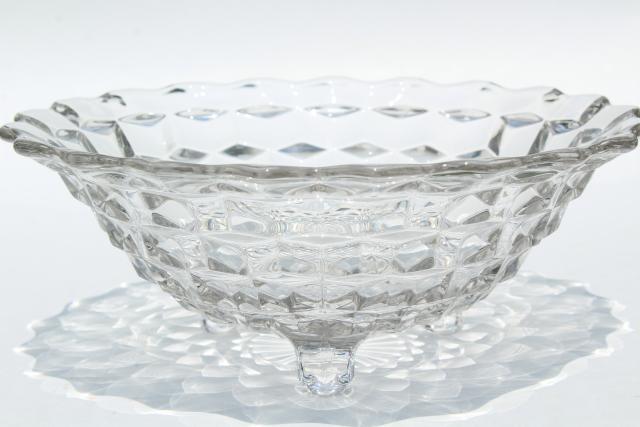 photo of vintage Fostoria cube pattern glass salad / serving bowl, large three toed footed bowl #1