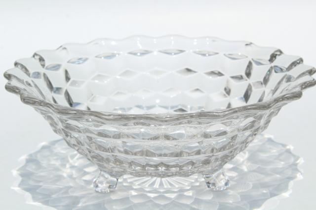 photo of vintage Fostoria cube pattern glass salad / serving bowl, large three toed footed bowl #3