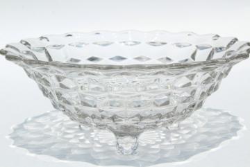 photo of vintage Fostoria cube pattern glass salad / serving bowl, large three toed footed bowl
