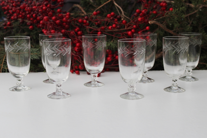 photo of vintage Fostoria holly cut juice glasses, crystal clear glass stemware, footed tumblers #1