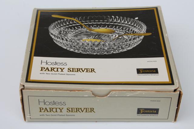 photo of vintage Fostoria hostess gift crystal clear glass party server dish w/ gold spoons #2