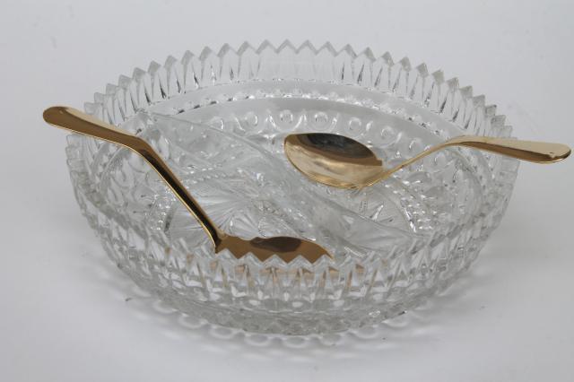 photo of vintage Fostoria hostess gift crystal clear glass party server dish w/ gold spoons #3