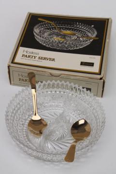 catalog photo of vintage Fostoria hostess gift crystal clear glass party server dish w/ gold spoons