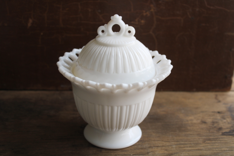 photo of vintage Fostoria milk glass candy dish w/ lid, Randolph pattern lace edge glass  #1