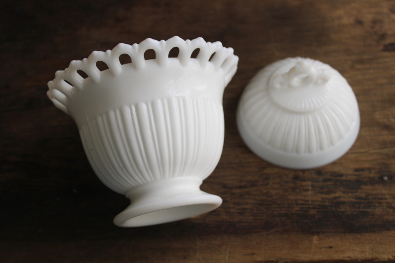 photo of vintage Fostoria milk glass candy dish w/ lid, Randolph pattern lace edge glass  #3