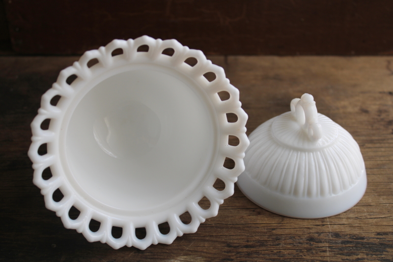 photo of vintage Fostoria milk glass candy dish w/ lid, Randolph pattern lace edge glass  #4