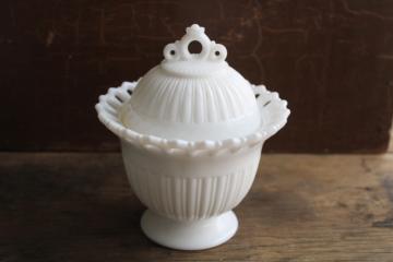 catalog photo of vintage Fostoria milk glass candy dish w/ lid, Randolph pattern lace edge glass 