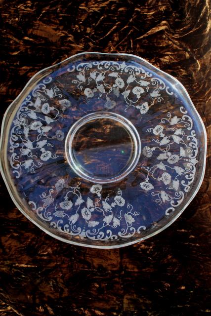 photo of vintage Fostoria morning glory etch glass torte plate, cake plate w/ etched morning glories #2
