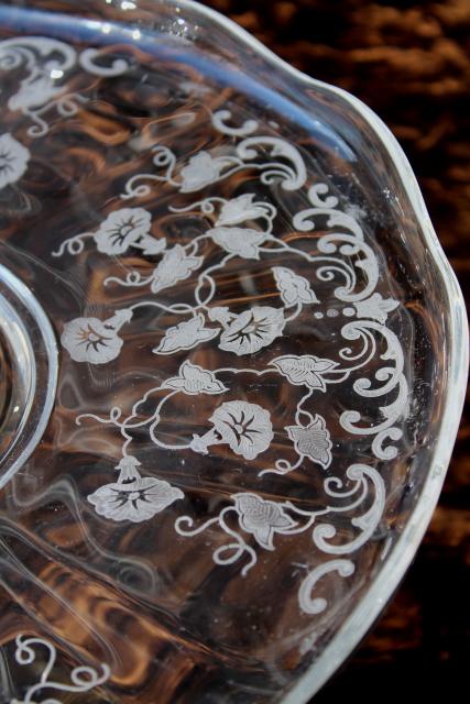 photo of vintage Fostoria morning glory etch glass torte plate, cake plate w/ etched morning glories #4